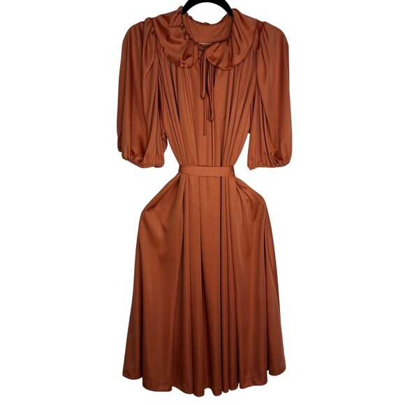 VTG 1970s Sz XL Copper Puff Sleeve Flowy Blouson Dress Peter Pan Collar & Belt - Picture 9 of 9